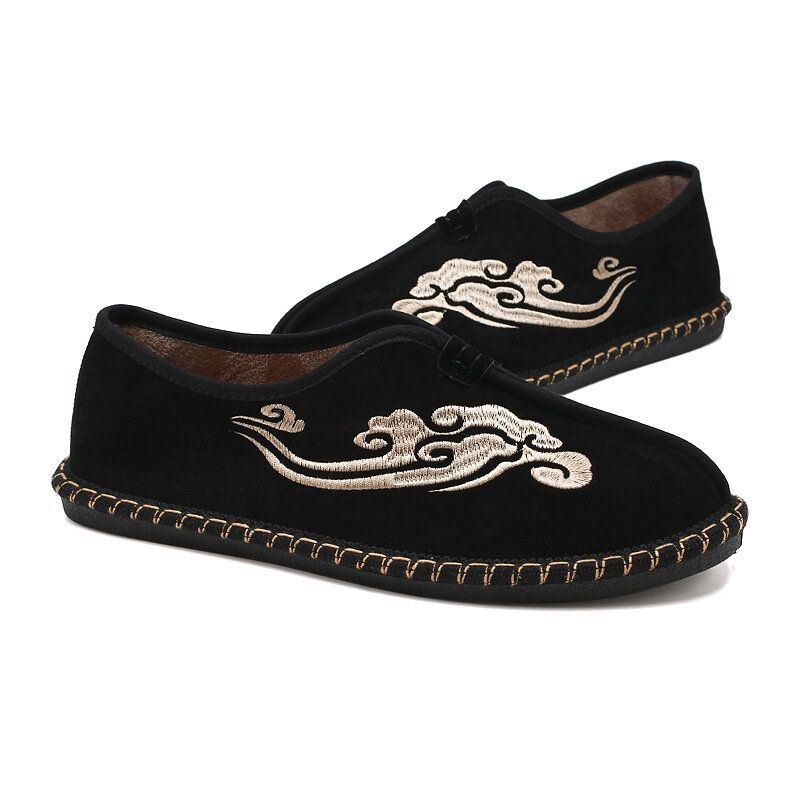 Herre Retro Broderi Ruskind Comfy Slip On Loafers Afslappede Køresko