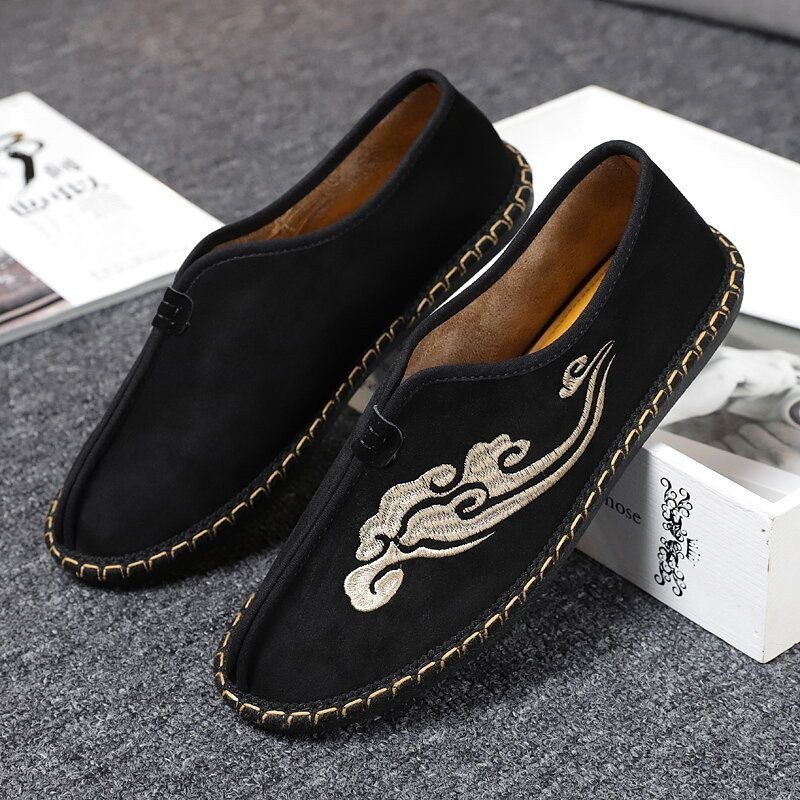 Herre Retro Broderi Ruskind Comfy Slip On Loafers Afslappede Køresko