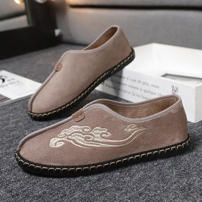 Herre Retro Broderi Ruskind Comfy Slip On Loafers Afslappede Køresko