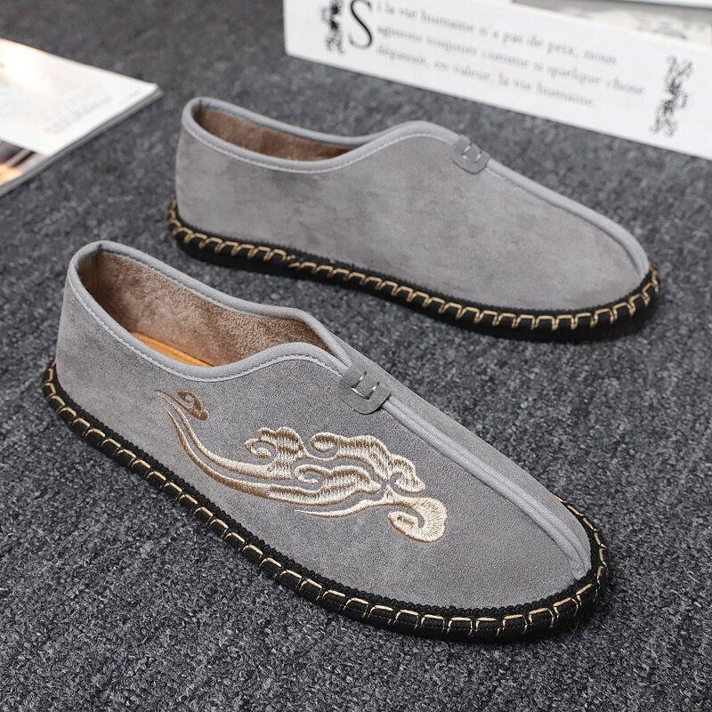 Herre Retro Broderi Ruskind Comfy Slip On Loafers Afslappede Køresko