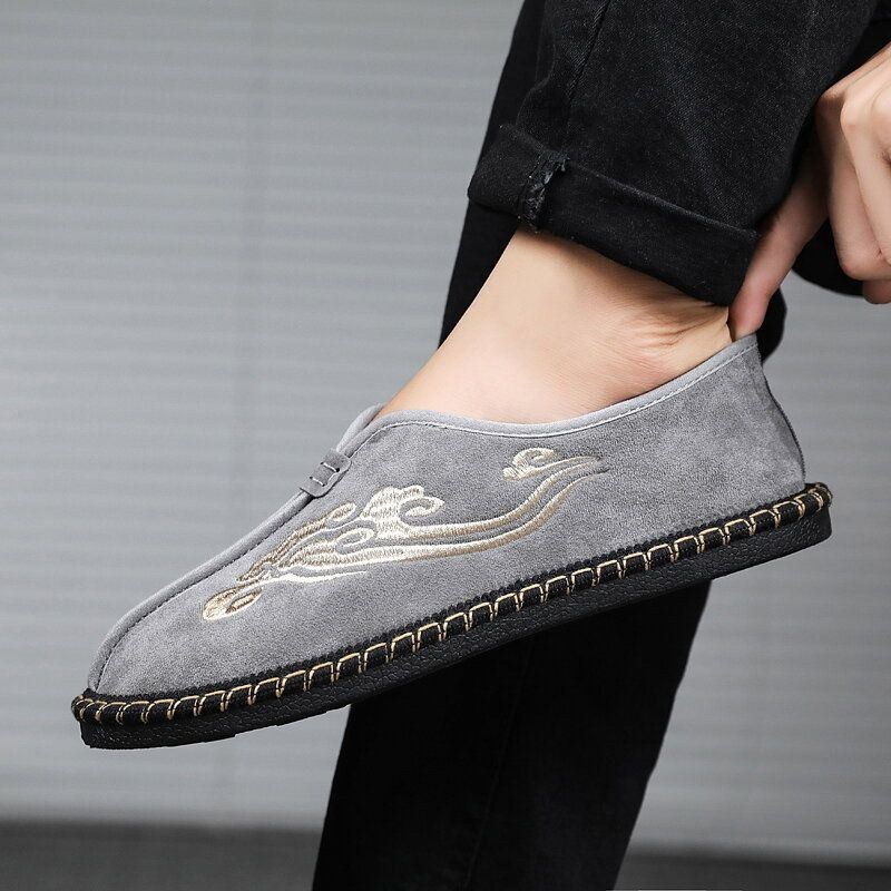 Herre Retro Broderi Ruskind Comfy Slip On Loafers Afslappede Køresko