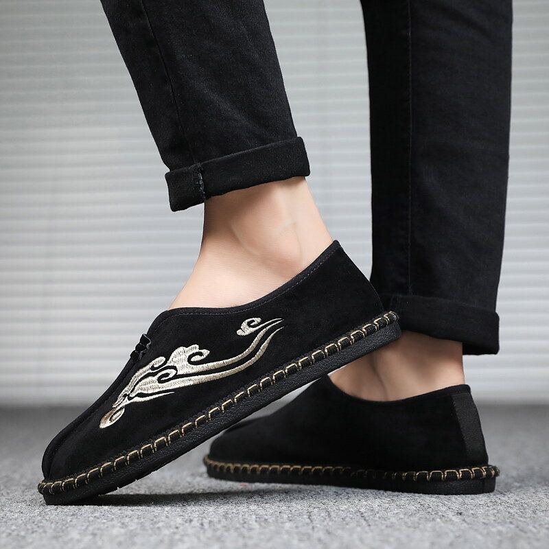 Herre Retro Broderi Ruskind Comfy Slip On Loafers Afslappede Køresko