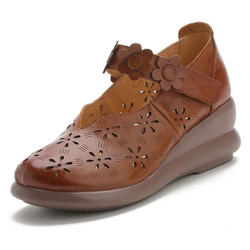 Dame Casual Retro Blomsterudsmykket Blød Behagelig Åndbar Hult Læder Mary Jane Wedges Sko