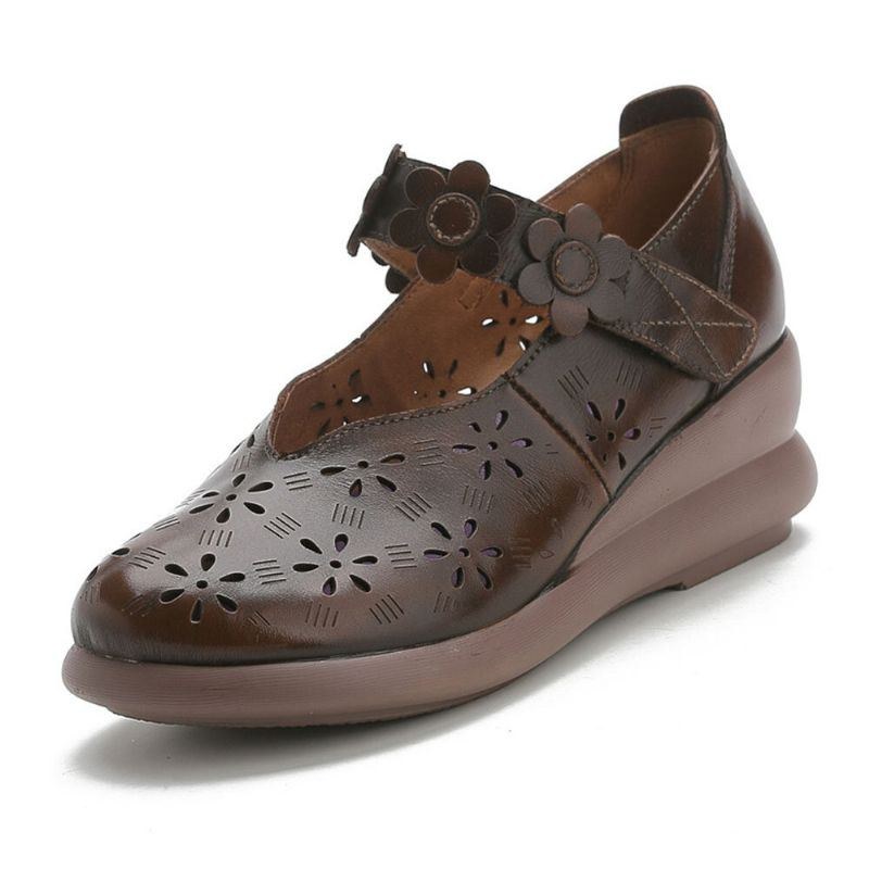 Dame Casual Retro Blomsterudsmykket Blød Behagelig Åndbar Hult Læder Mary Jane Wedges Sko