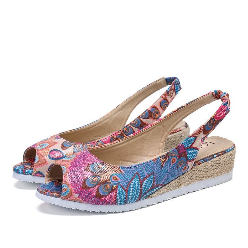 Dame Peacock Mønster Espadrille Comfy Wedge Peep Toe Platforme