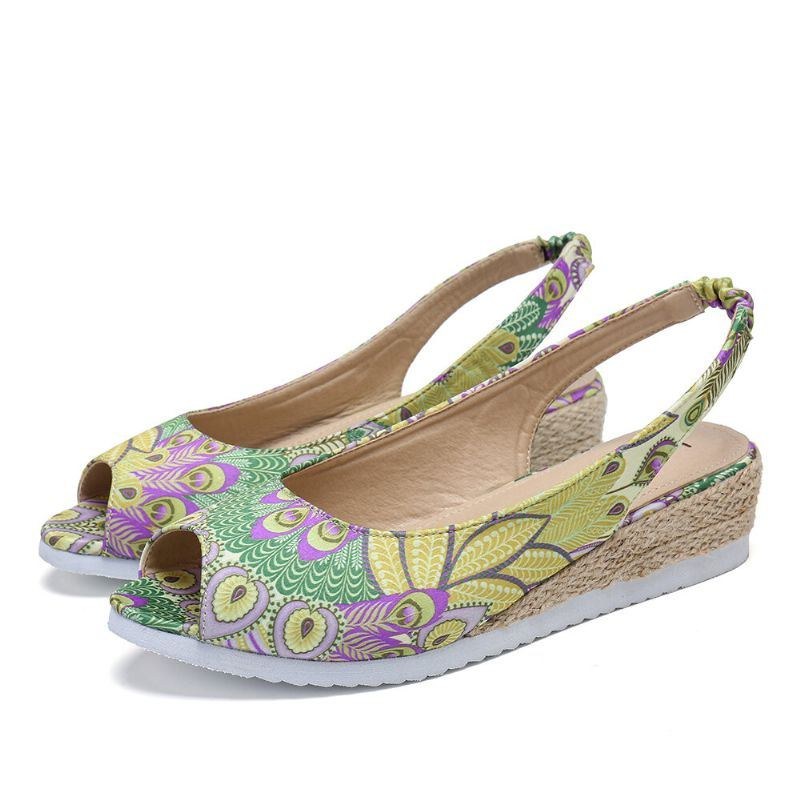 Dame Peacock Mønster Espadrille Comfy Wedge Peep Toe Platforme