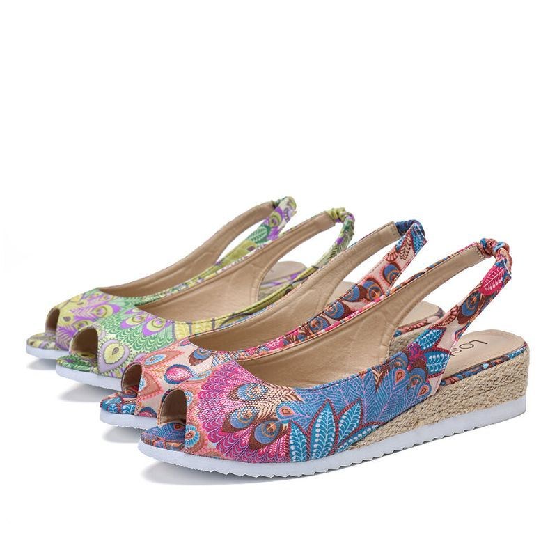 Dame Peacock Mønster Espadrille Comfy Wedge Peep Toe Platforme