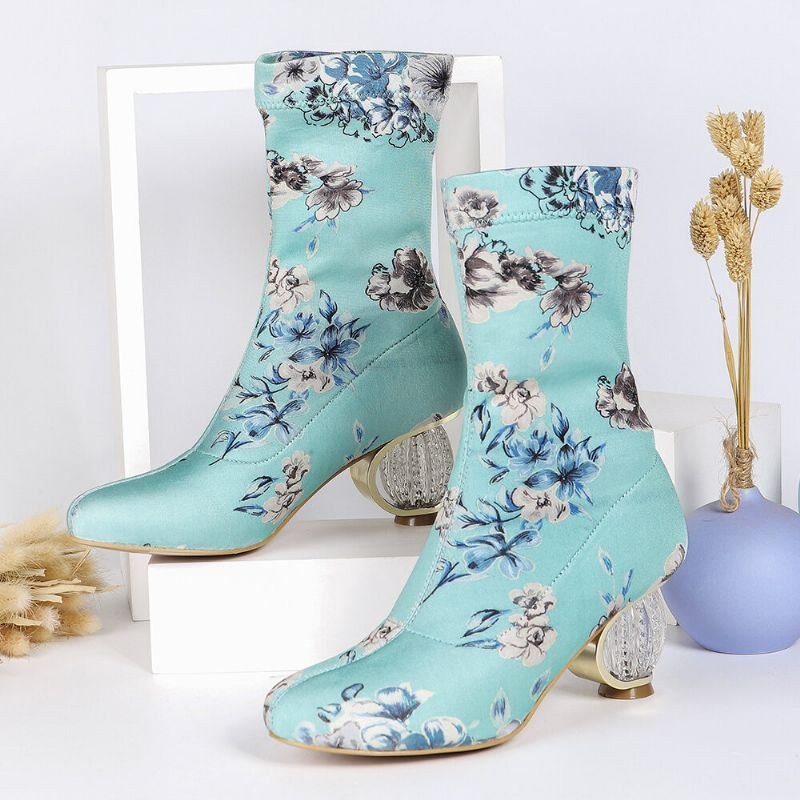 Dame Behagelig Stilfuld Broderede Blomster Stof Elastik Slip On Chunky Heel Korte Støvler