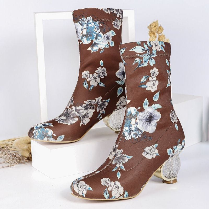 Dame Behagelig Stilfuld Broderede Blomster Stof Elastik Slip On Chunky Heel Korte Støvler