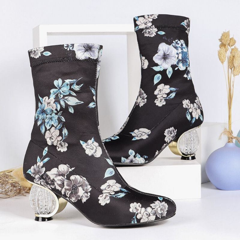 Dame Behagelig Stilfuld Broderede Blomster Stof Elastik Slip On Chunky Heel Korte Støvler