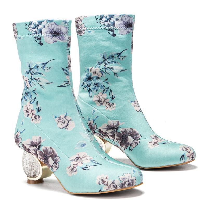 Dame Behagelig Stilfuld Broderede Blomster Stof Elastik Slip On Chunky Heel Korte Støvler