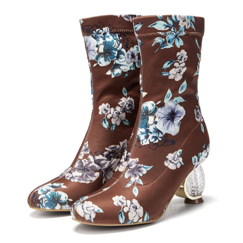 Dame Behagelig Stilfuld Broderede Blomster Stof Elastik Slip On Chunky Heel Korte Støvler