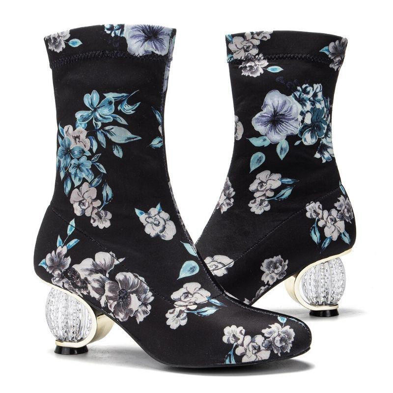 Dame Behagelig Stilfuld Broderede Blomster Stof Elastik Slip On Chunky Heel Korte Støvler