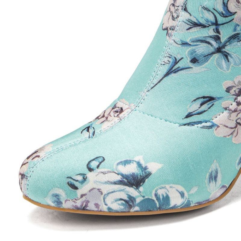 Dame Behagelig Stilfuld Broderede Blomster Stof Elastik Slip On Chunky Heel Korte Støvler