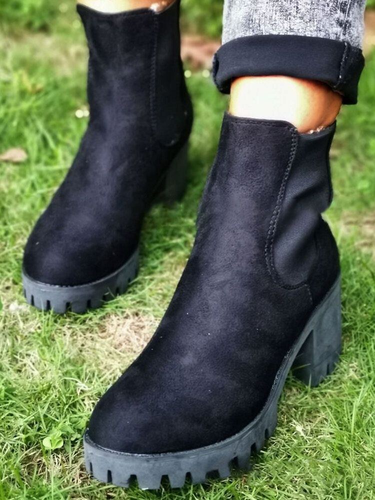 Dame Casual Slip On Rund Toe Platform Chunky Heel Ankelstøvler