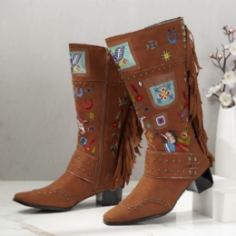 Dame Folkways Broderet Rygkvast Deocr Bærbare Chunky Heel Mid-calf Boots