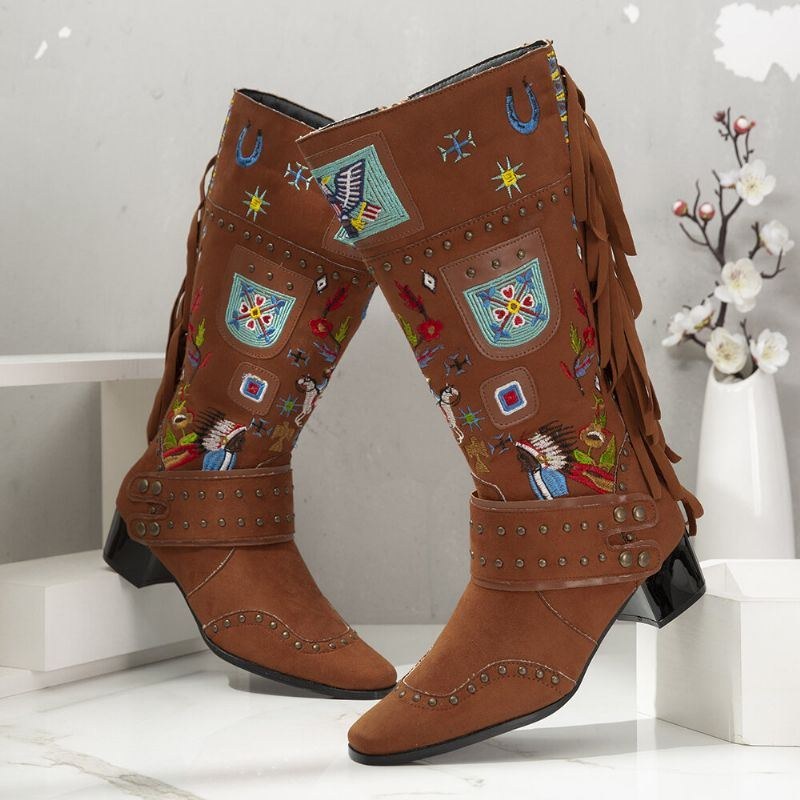 Dame Folkways Broderet Rygkvast Deocr Bærbare Chunky Heel Mid-calf Boots