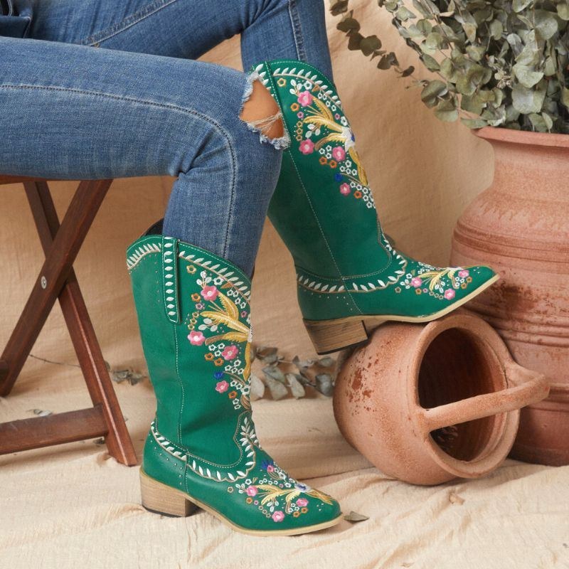 Dame Læder Retro Blomstertryk Bærbar Comfy Slip On Chunky Heel Mid-calf Cowboystøvler