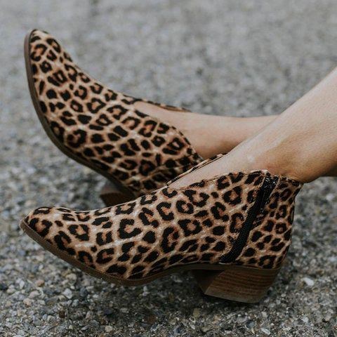 Dame Leopard Grain Chunky Heel Lynlås Ankel Korte Støvler