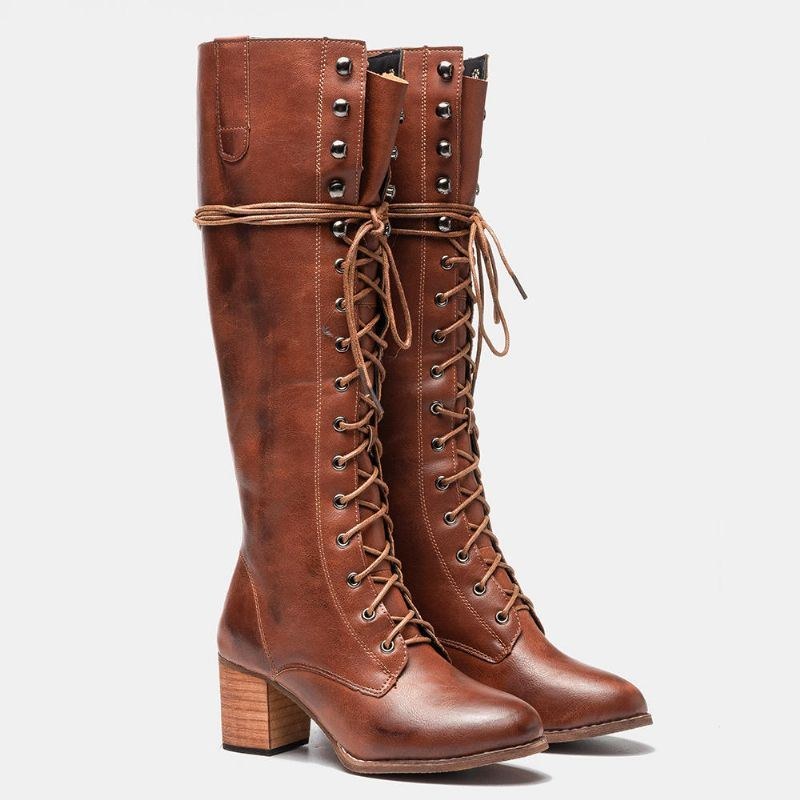 Dame Plus Size Retro Lace Up Mid Calf Boots