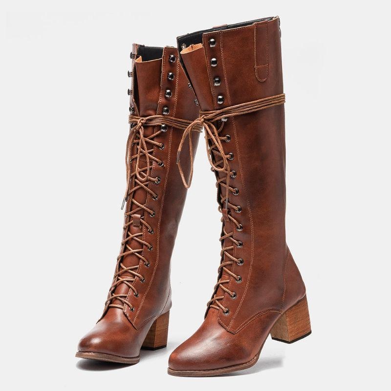 Dame Plus Size Retro Lace Up Mid Calf Boots