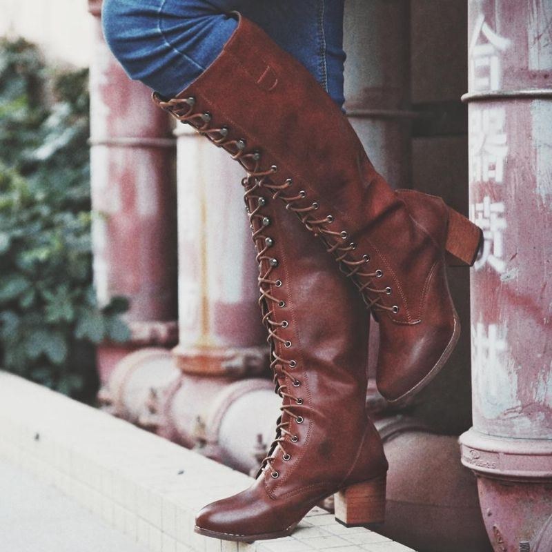 Dame Plus Size Retro Lace Up Mid Calf Boots