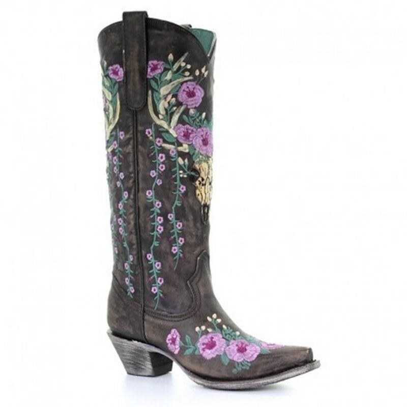 Dame Retro Blomster Dyrebroderi Læder Spidstå V-snit Chunky Heel Mid-calf Knight Boots