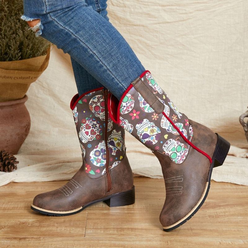 Dame Retro Blomstertryk Spidstå Lynlås Mid-calf Cowboystøvler