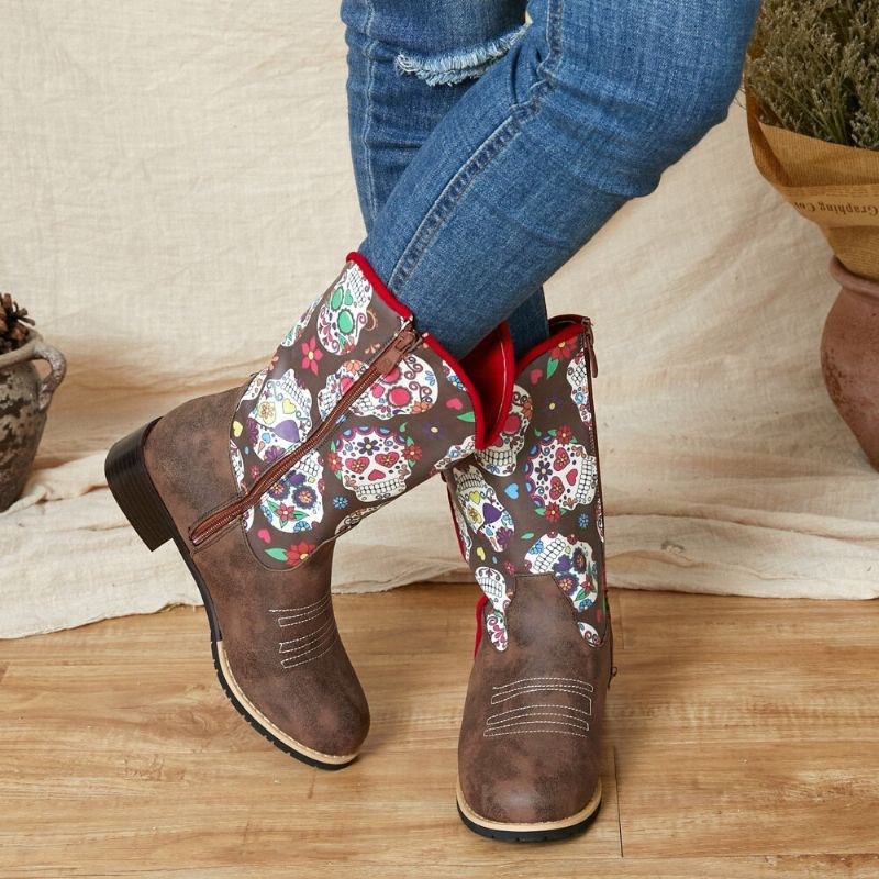 Dame Retro Blomstertryk Spidstå Lynlås Mid-calf Cowboystøvler