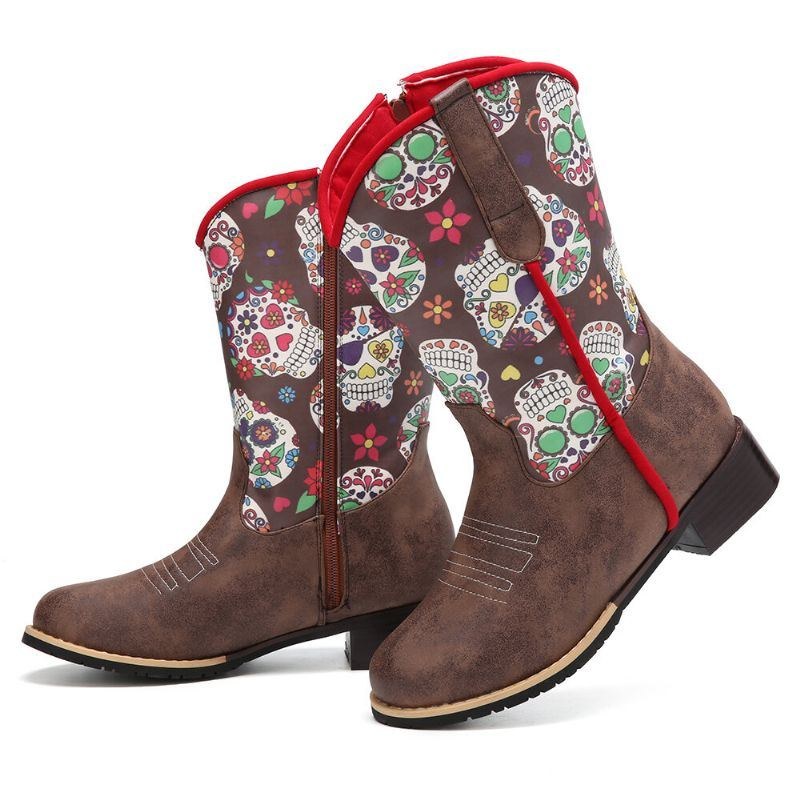 Dame Retro Blomstertryk Spidstå Lynlås Mid-calf Cowboystøvler