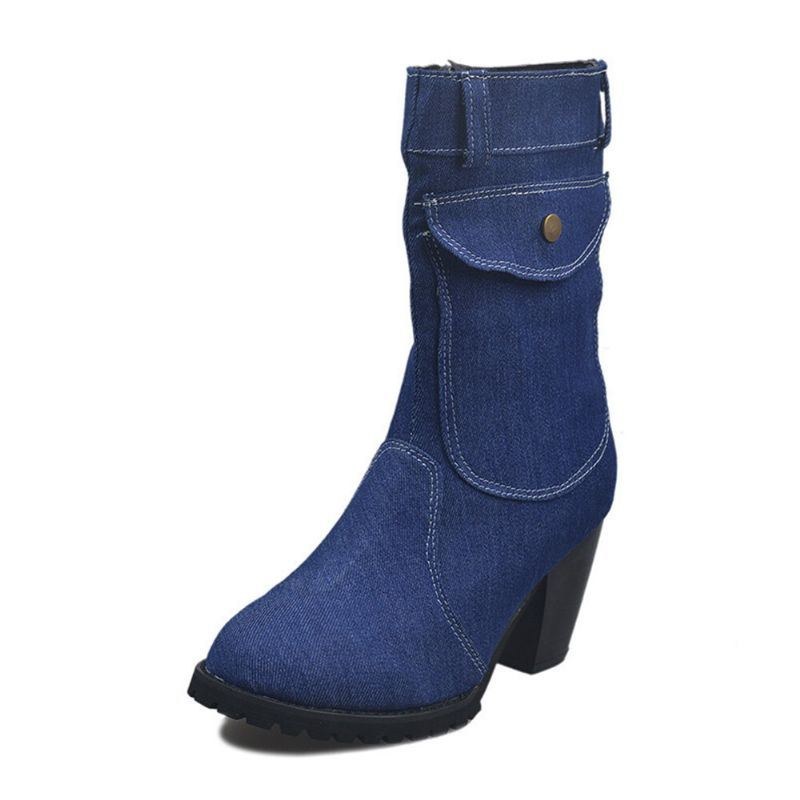 Dame Retro Denim Stof Side Lynlås Taske Dekor Chunky Heel Mid Calf Støvler