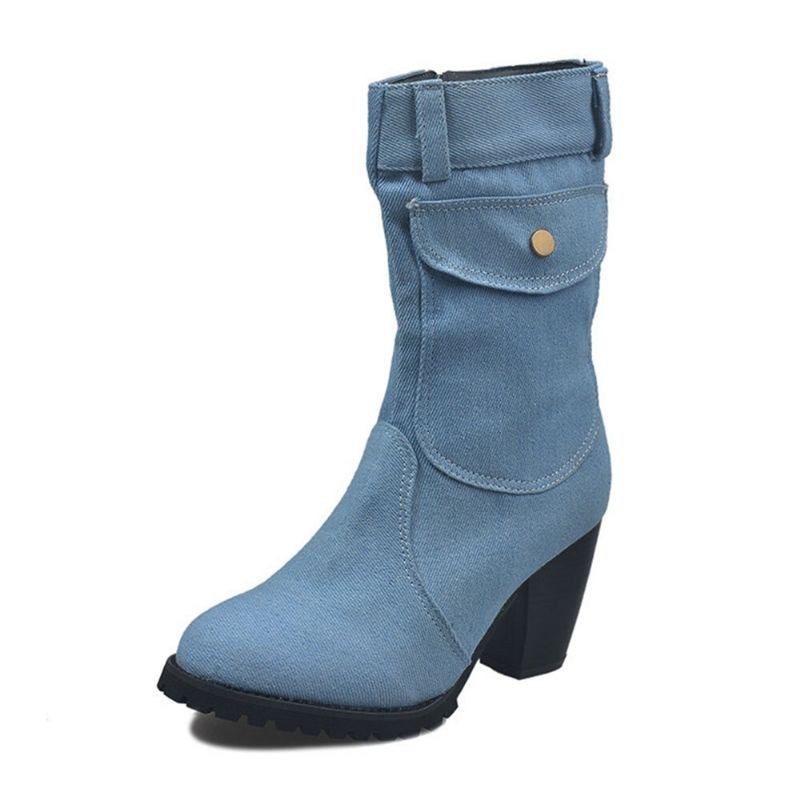 Dame Retro Denim Stof Side Lynlås Taske Dekor Chunky Heel Mid Calf Støvler