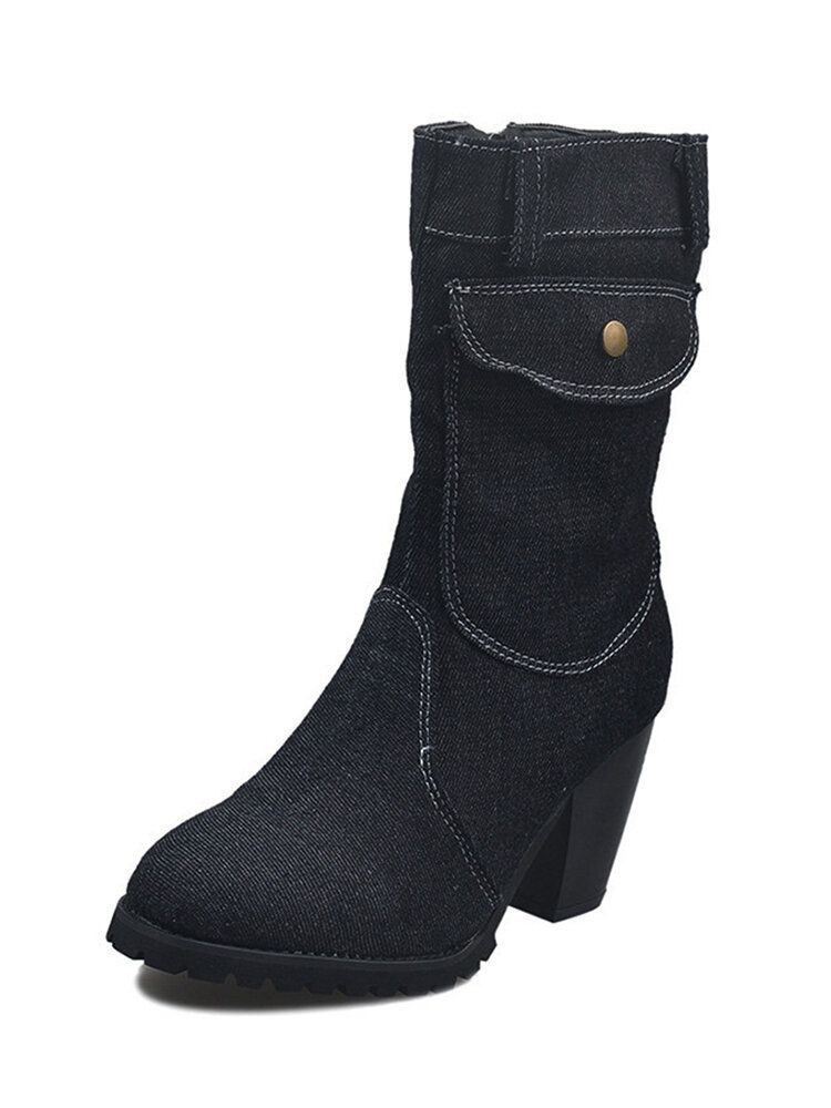 Dame Retro Denim Stof Side Lynlås Taske Dekor Chunky Heel Mid Calf Støvler