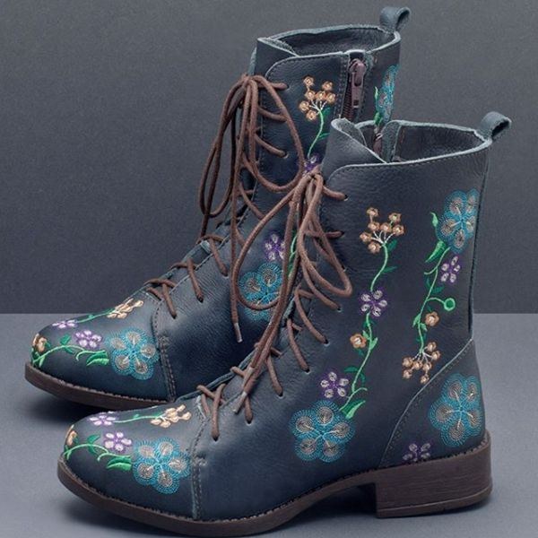 Dame Retro Flower Printing Mid Calf Boots