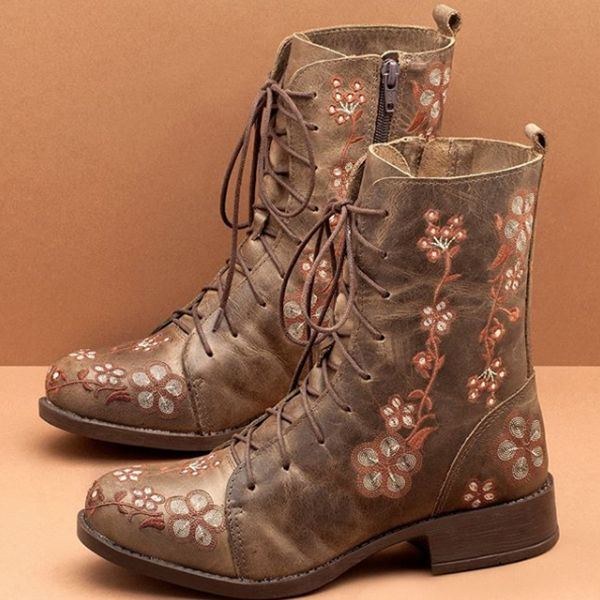 Dame Retro Flower Printing Mid Calf Boots