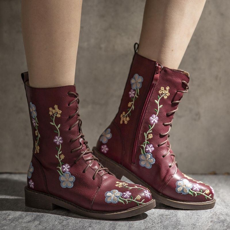 Dame Retro Flower Printing Mid Calf Boots