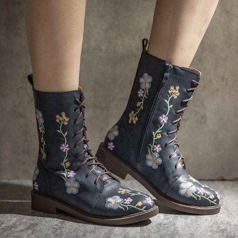 Dame Retro Flower Printing Mid Calf Boots