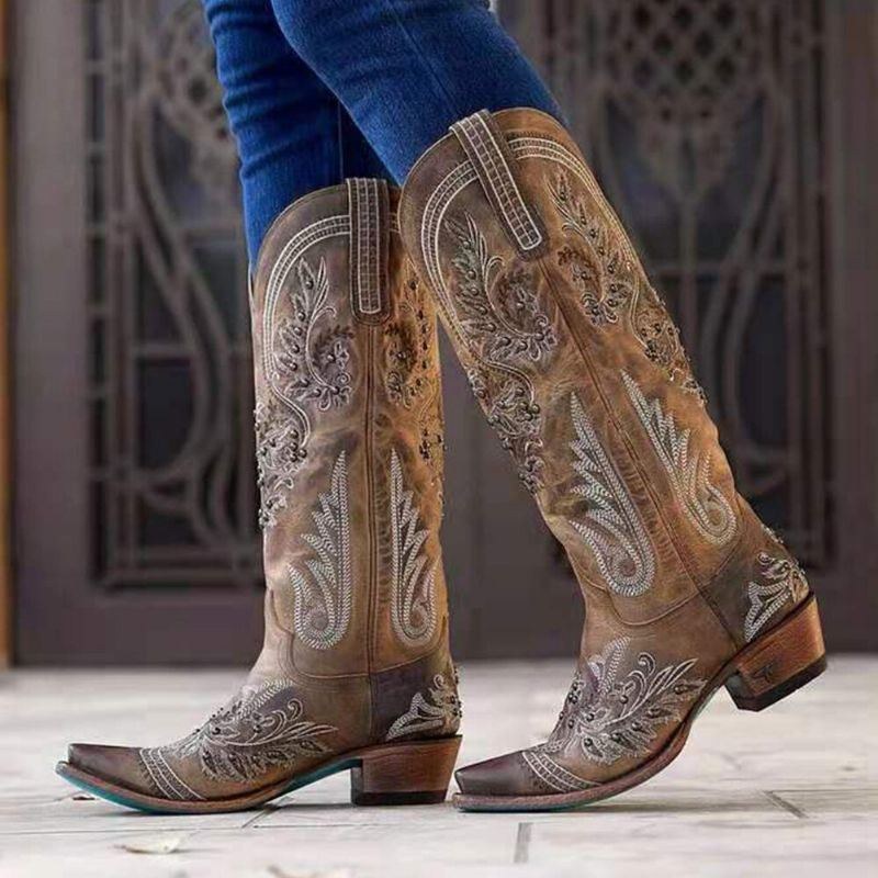 Dame Simple Floral Brodery Printing Læder Comfy Chunky Heels Mid-calf Boots