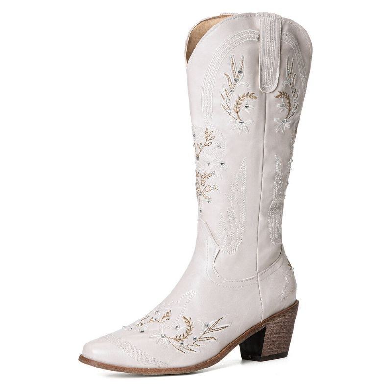 Dame Simple Floral Brodery Printing Læder Comfy Chunky Heels Mid-calf Boots