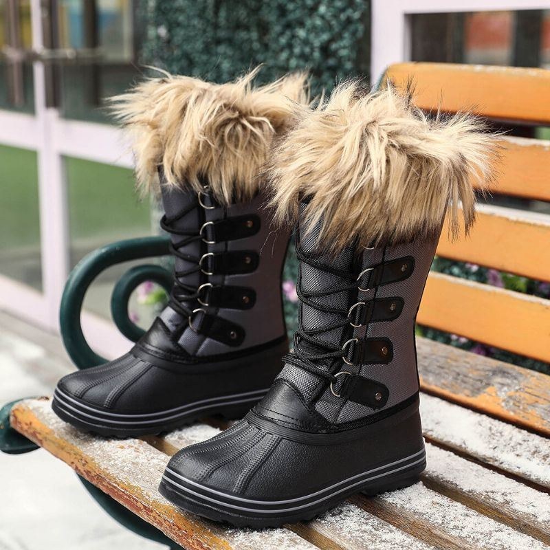 Dame Solid Furry Varm Skridsikre Cross Strap Mid Calf Snestøvler