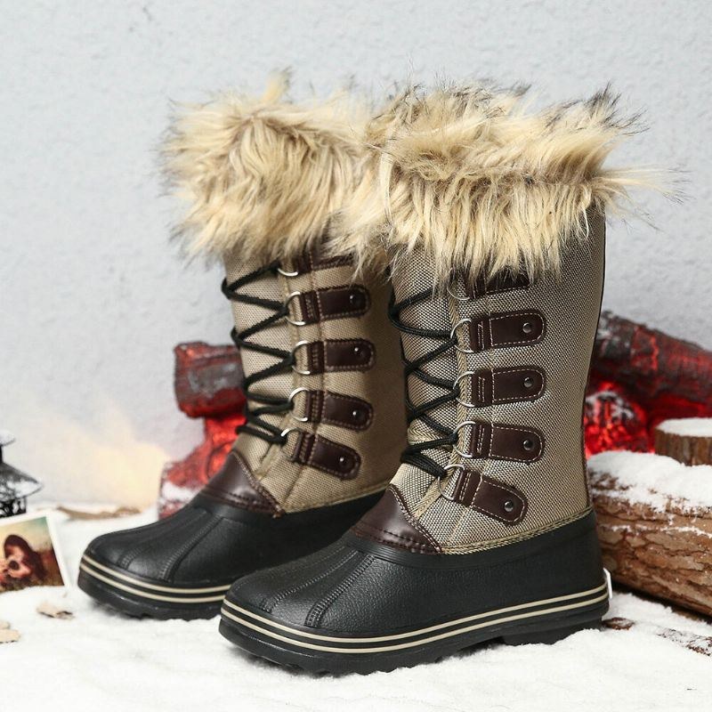 Dame Solid Furry Varm Skridsikre Cross Strap Mid Calf Snestøvler