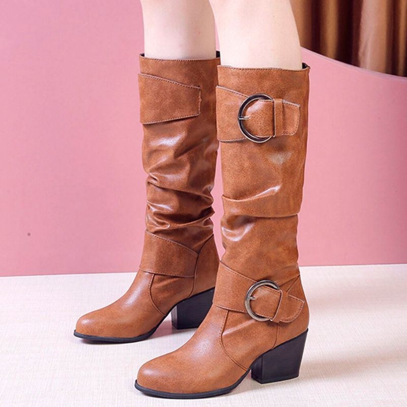 Plus Size Dame Warm Foring Spænde Slip On Chunky Heel Mid Calf Boots