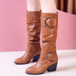 Plus Size Dame Warm Foring Spænde Slip On Chunky Heel Mid Calf Boots