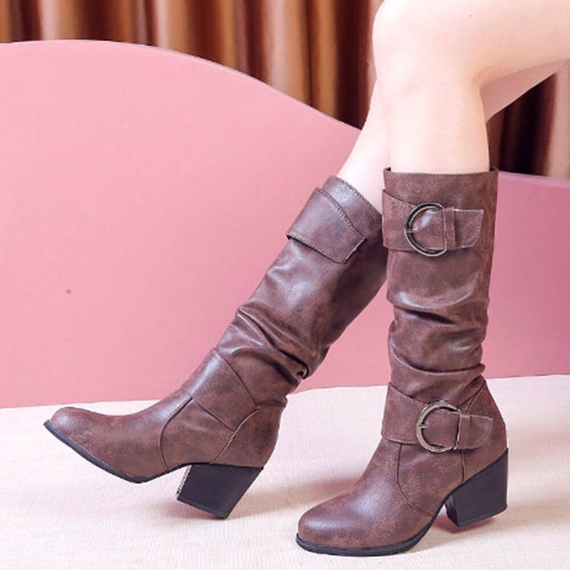 Plus Size Dame Warm Foring Spænde Slip On Chunky Heel Mid Calf Boots