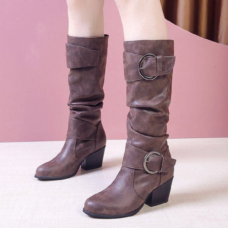 Plus Size Dame Warm Foring Spænde Slip On Chunky Heel Mid Calf Boots