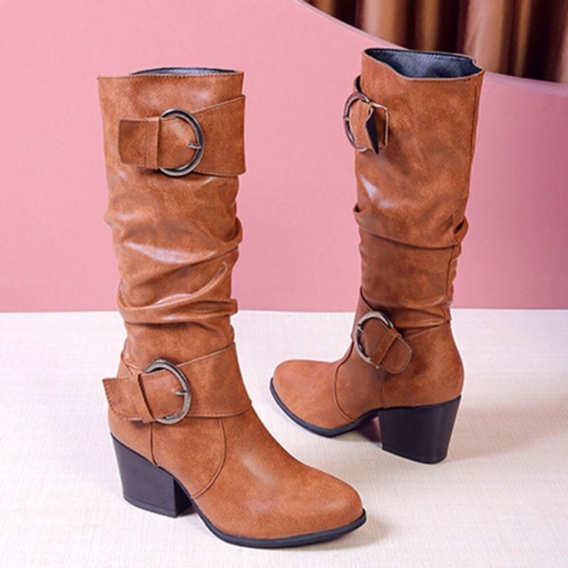 Plus Size Dame Warm Foring Spænde Slip On Chunky Heel Mid Calf Boots