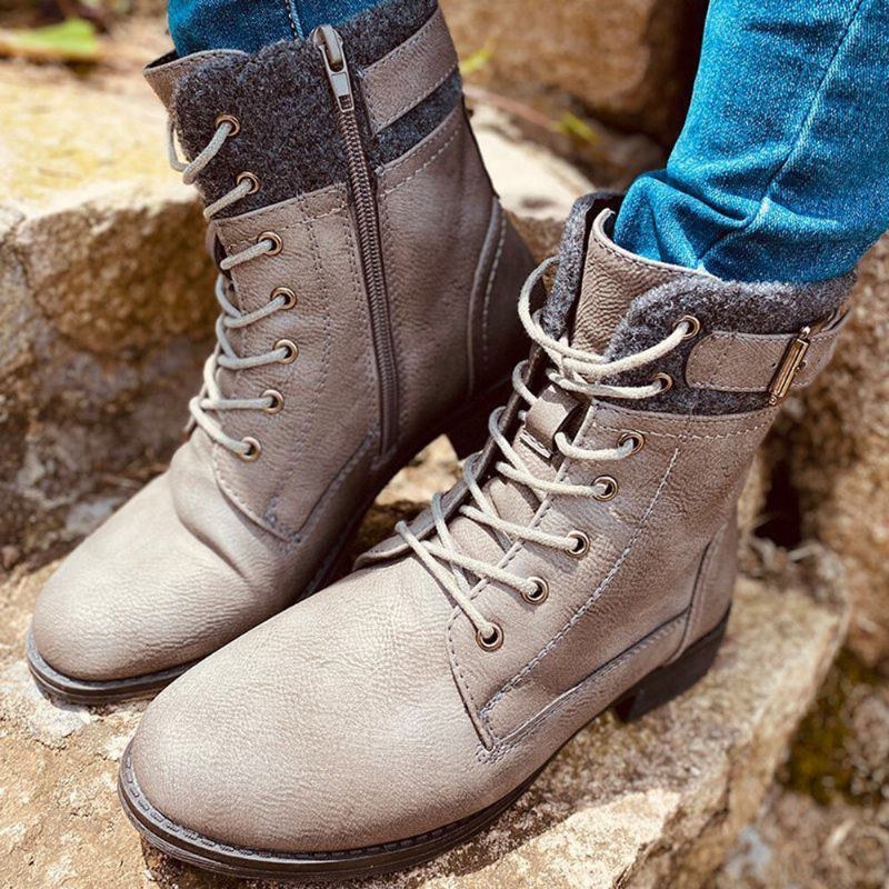 Plus Size Kvinder Casual Splejsning Snøre-op Side Lynlås Combat Boots