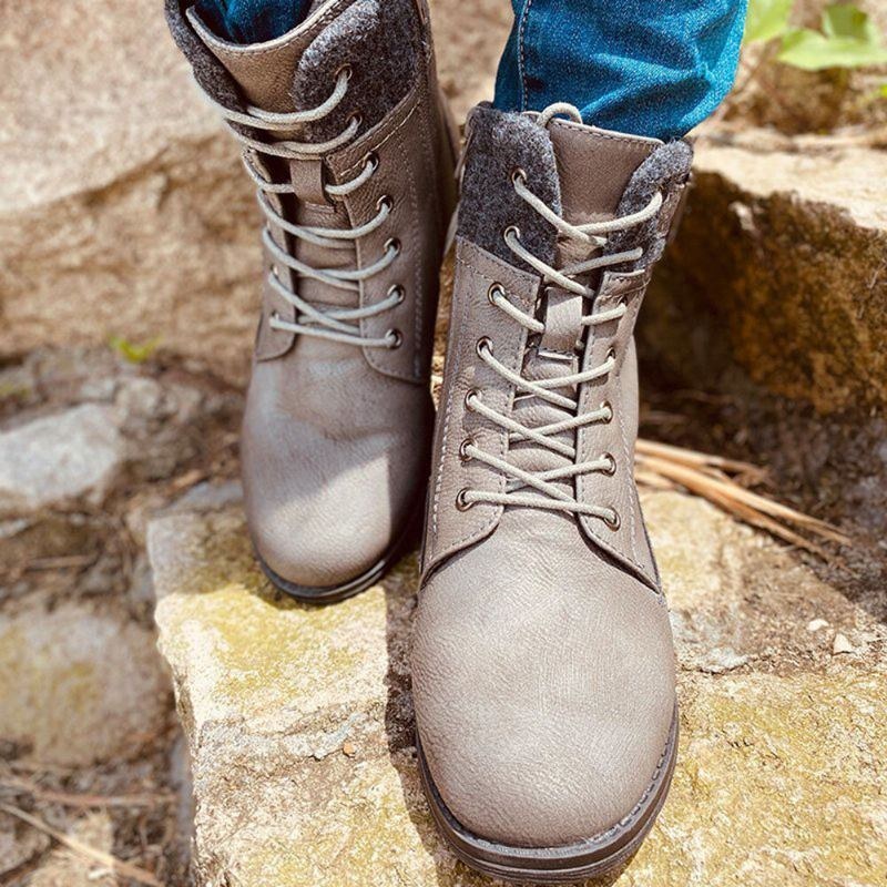 Plus Size Kvinder Casual Splejsning Snøre-op Side Lynlås Combat Boots