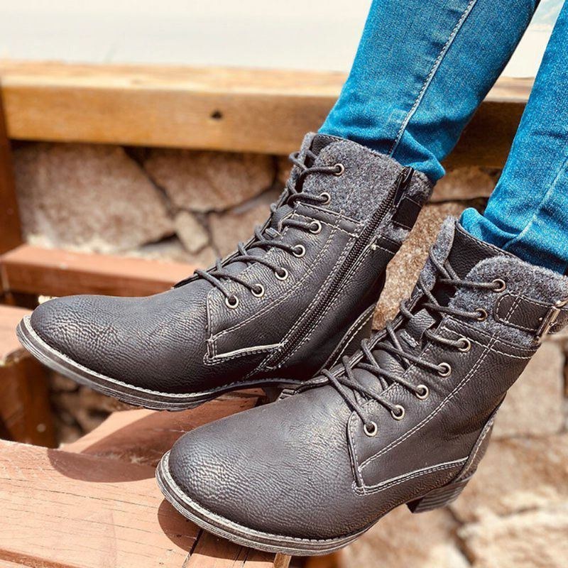 Plus Size Kvinder Casual Splejsning Snøre-op Side Lynlås Combat Boots