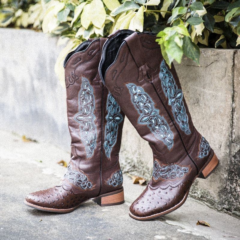 Plus Size Kvinder Retro Blomster Broderede Mid Calf Cowboystøvler